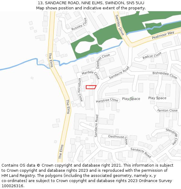 13, SANDACRE ROAD, NINE ELMS, SWINDON, SN5 5UU: Location map and indicative extent of plot