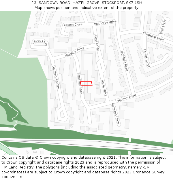 13, SANDOWN ROAD, HAZEL GROVE, STOCKPORT, SK7 4SH: Location map and indicative extent of plot