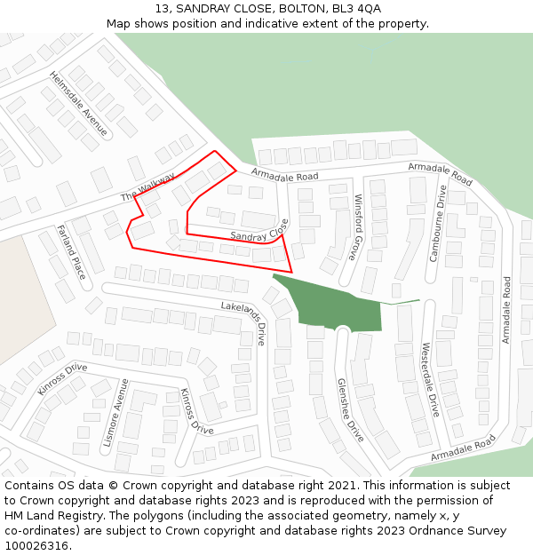 13, SANDRAY CLOSE, BOLTON, BL3 4QA: Location map and indicative extent of plot