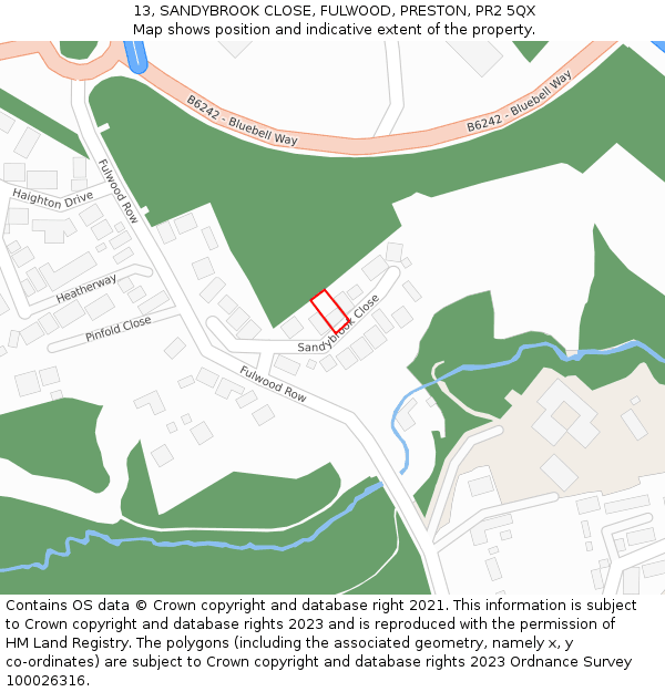 13, SANDYBROOK CLOSE, FULWOOD, PRESTON, PR2 5QX: Location map and indicative extent of plot