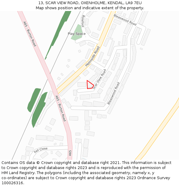 13, SCAR VIEW ROAD, OXENHOLME, KENDAL, LA9 7EU: Location map and indicative extent of plot