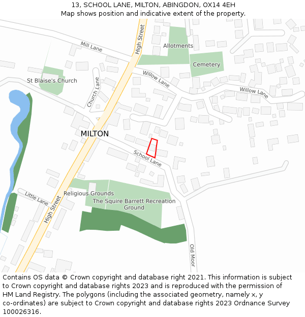 13, SCHOOL LANE, MILTON, ABINGDON, OX14 4EH: Location map and indicative extent of plot