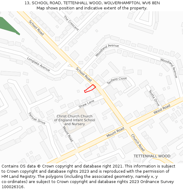 13, SCHOOL ROAD, TETTENHALL WOOD, WOLVERHAMPTON, WV6 8EN: Location map and indicative extent of plot