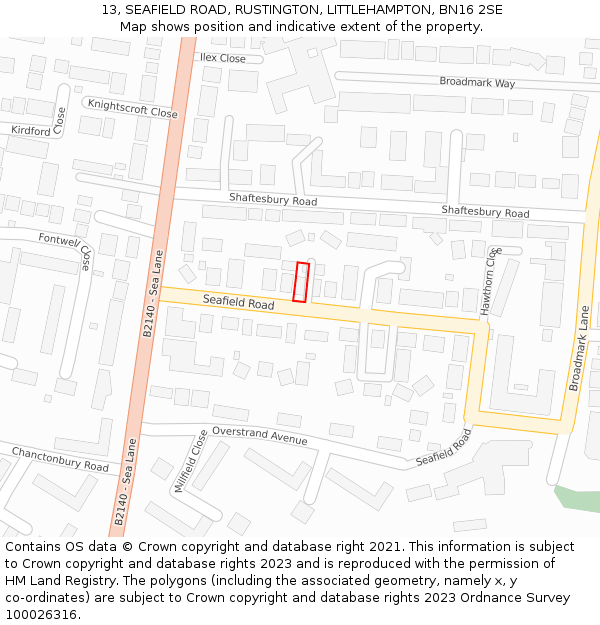 13, SEAFIELD ROAD, RUSTINGTON, LITTLEHAMPTON, BN16 2SE: Location map and indicative extent of plot