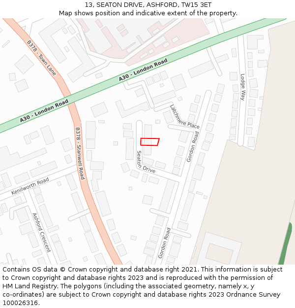 13, SEATON DRIVE, ASHFORD, TW15 3ET: Location map and indicative extent of plot