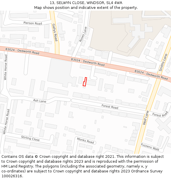 13, SELWYN CLOSE, WINDSOR, SL4 4WA: Location map and indicative extent of plot