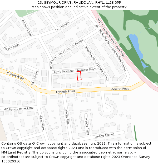 13, SEYMOUR DRIVE, RHUDDLAN, RHYL, LL18 5PP: Location map and indicative extent of plot