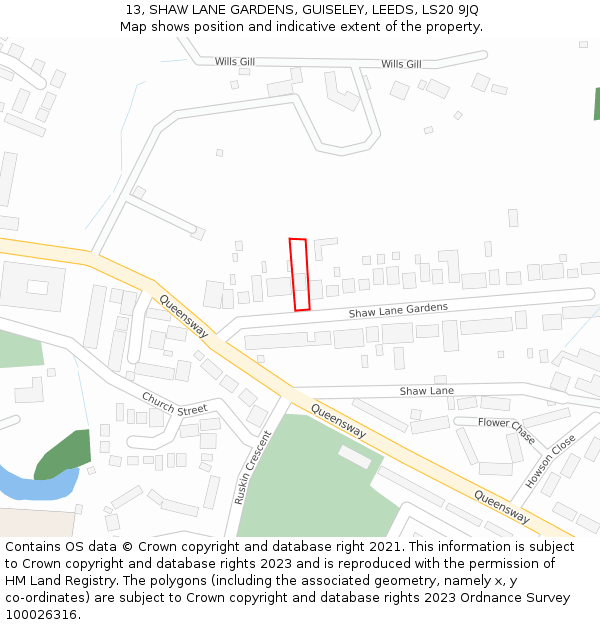 13, SHAW LANE GARDENS, GUISELEY, LEEDS, LS20 9JQ: Location map and indicative extent of plot