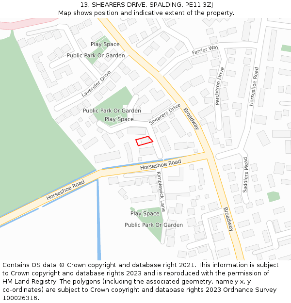 13, SHEARERS DRIVE, SPALDING, PE11 3ZJ: Location map and indicative extent of plot