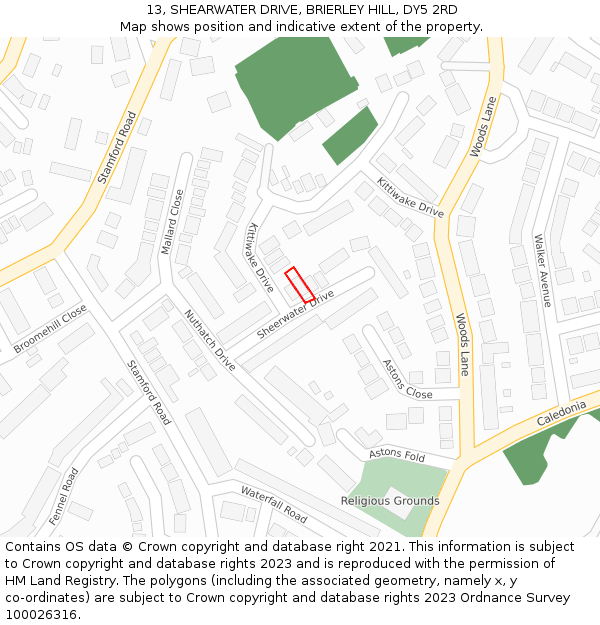 13, SHEARWATER DRIVE, BRIERLEY HILL, DY5 2RD: Location map and indicative extent of plot