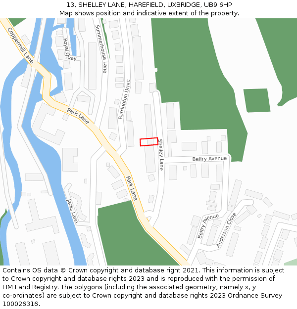 13, SHELLEY LANE, HAREFIELD, UXBRIDGE, UB9 6HP: Location map and indicative extent of plot