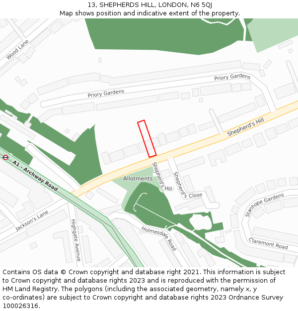 13, SHEPHERDS HILL, LONDON, N6 5QJ: Location map and indicative extent of plot