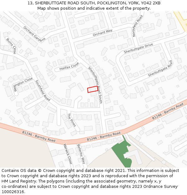 13, SHERBUTTGATE ROAD SOUTH, POCKLINGTON, YORK, YO42 2XB: Location map and indicative extent of plot