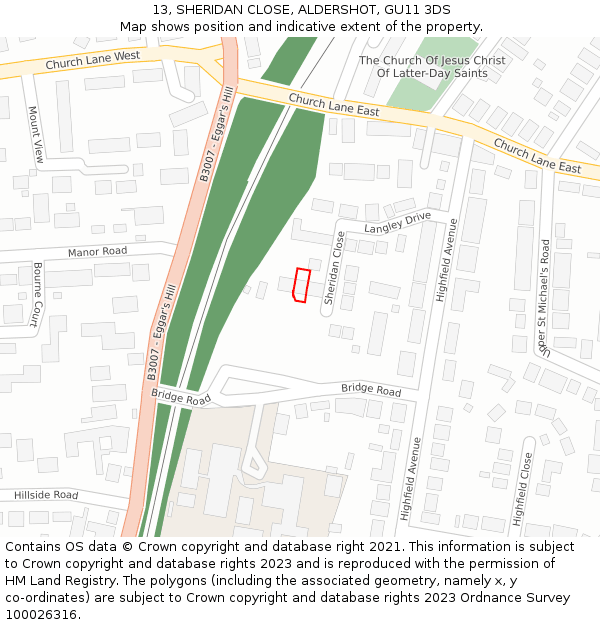 13, SHERIDAN CLOSE, ALDERSHOT, GU11 3DS: Location map and indicative extent of plot