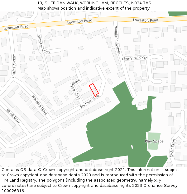 13, SHERIDAN WALK, WORLINGHAM, BECCLES, NR34 7AS: Location map and indicative extent of plot