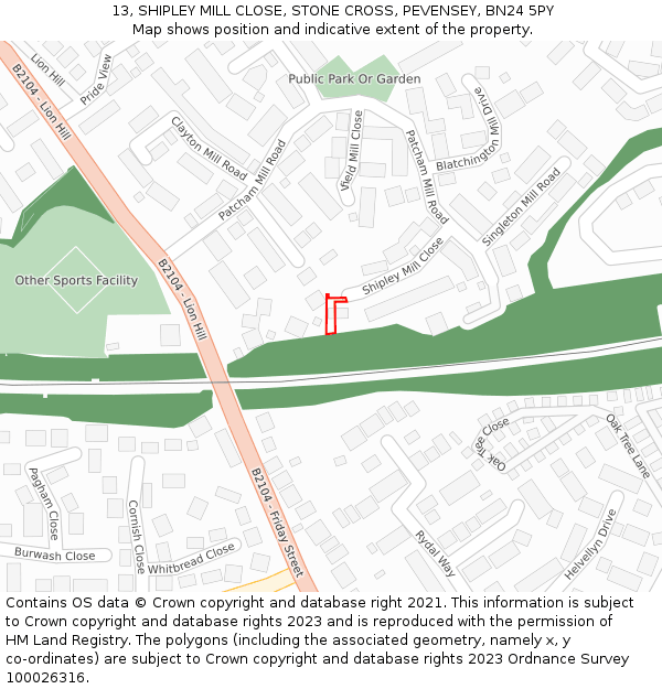 13, SHIPLEY MILL CLOSE, STONE CROSS, PEVENSEY, BN24 5PY: Location map and indicative extent of plot