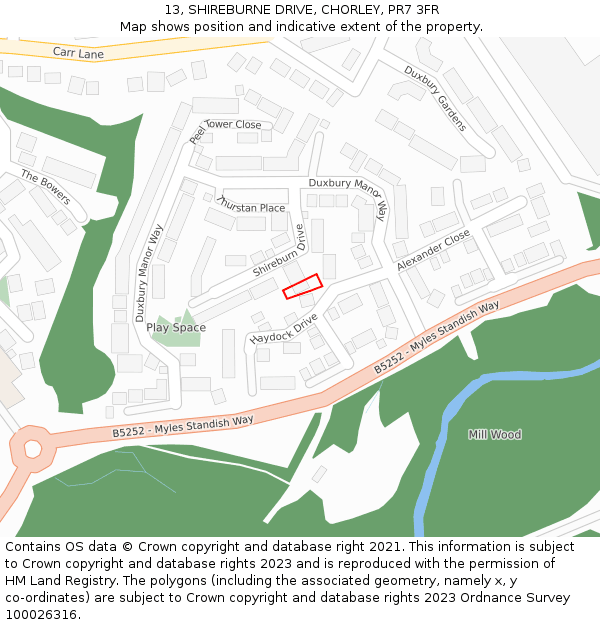 13, SHIREBURNE DRIVE, CHORLEY, PR7 3FR: Location map and indicative extent of plot