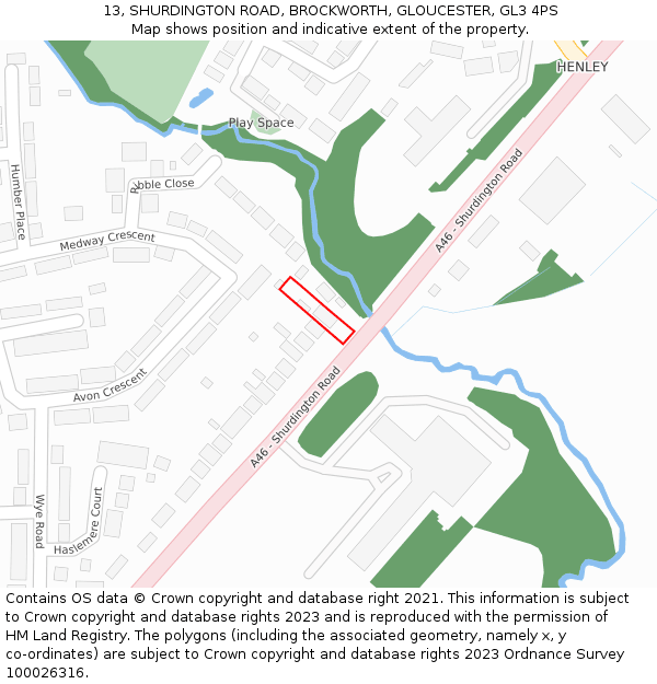 13, SHURDINGTON ROAD, BROCKWORTH, GLOUCESTER, GL3 4PS: Location map and indicative extent of plot