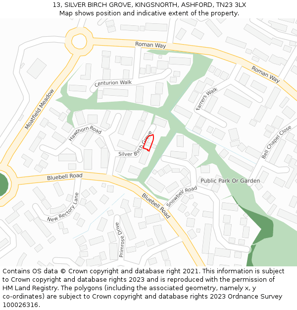 13, SILVER BIRCH GROVE, KINGSNORTH, ASHFORD, TN23 3LX: Location map and indicative extent of plot