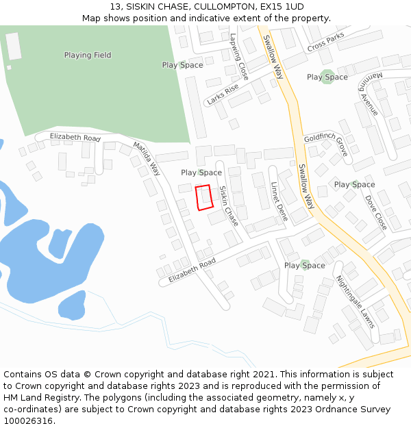 13, SISKIN CHASE, CULLOMPTON, EX15 1UD: Location map and indicative extent of plot