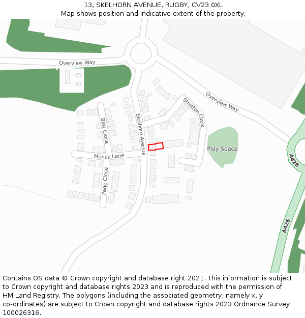 13, SKELHORN AVENUE, RUGBY, CV23 0XL: Location map and indicative extent of plot