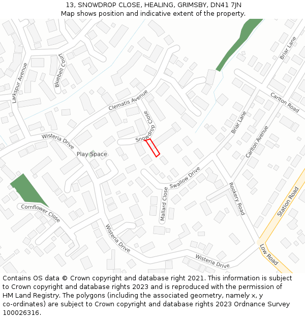 13, SNOWDROP CLOSE, HEALING, GRIMSBY, DN41 7JN: Location map and indicative extent of plot