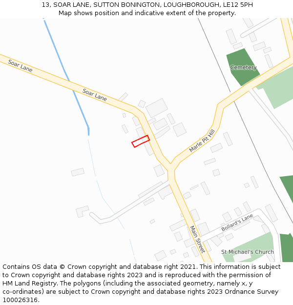 13, SOAR LANE, SUTTON BONINGTON, LOUGHBOROUGH, LE12 5PH: Location map and indicative extent of plot