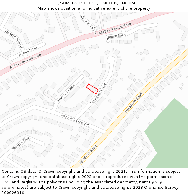 13, SOMERSBY CLOSE, LINCOLN, LN6 8AF: Location map and indicative extent of plot