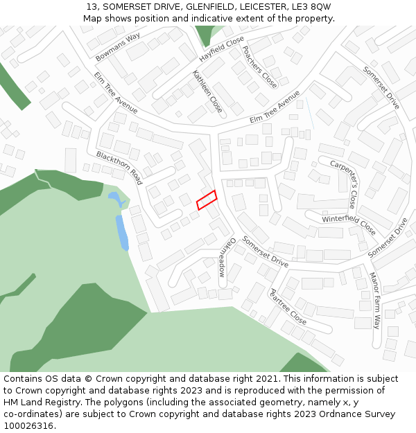 13, SOMERSET DRIVE, GLENFIELD, LEICESTER, LE3 8QW: Location map and indicative extent of plot