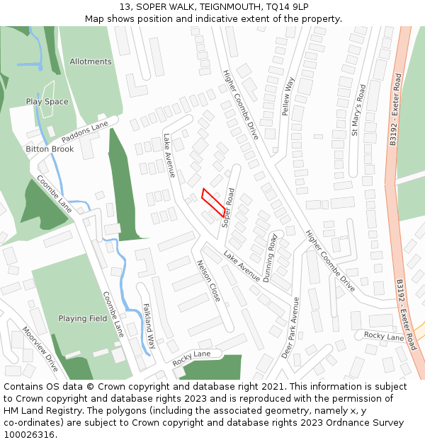 13, SOPER WALK, TEIGNMOUTH, TQ14 9LP: Location map and indicative extent of plot