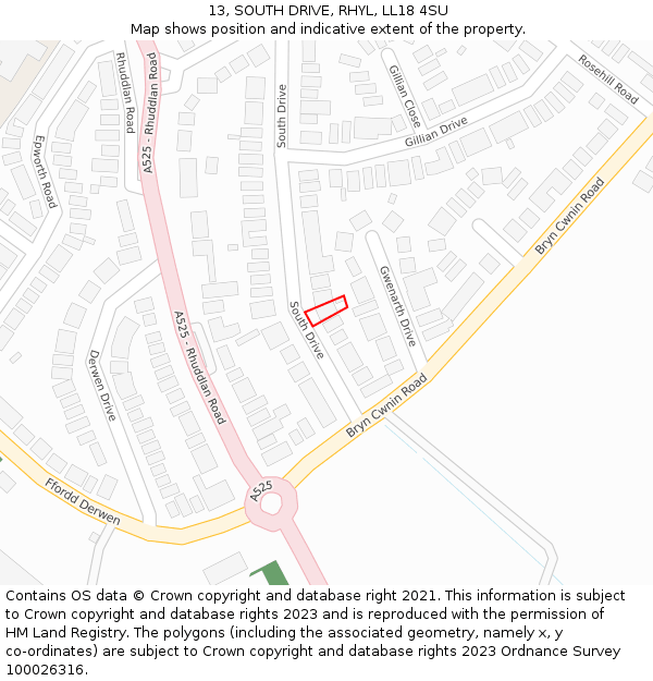 13, SOUTH DRIVE, RHYL, LL18 4SU: Location map and indicative extent of plot