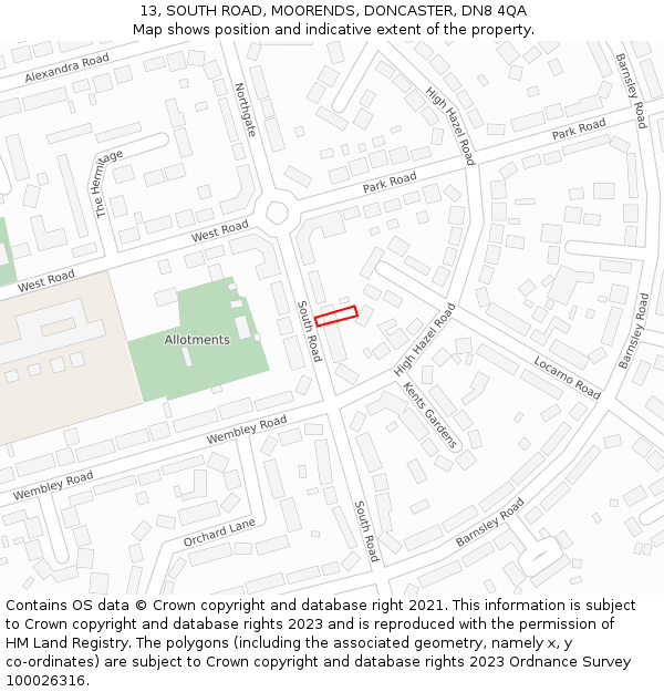 13, SOUTH ROAD, MOORENDS, DONCASTER, DN8 4QA: Location map and indicative extent of plot