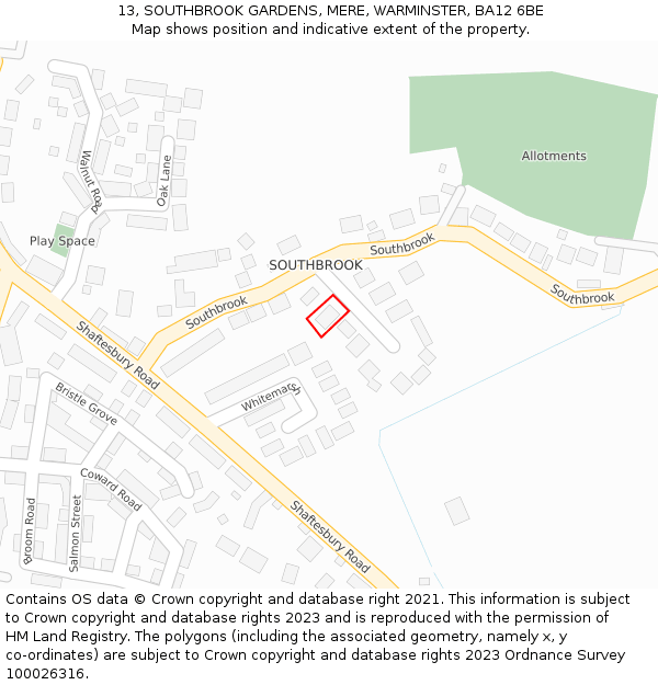 13, SOUTHBROOK GARDENS, MERE, WARMINSTER, BA12 6BE: Location map and indicative extent of plot