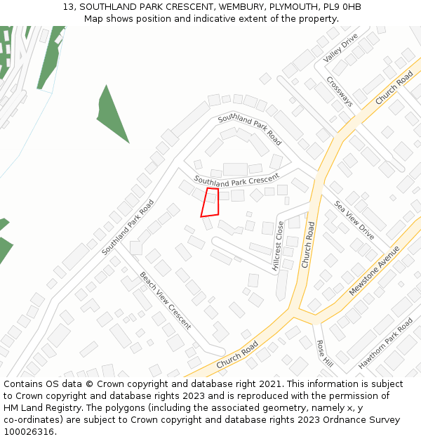 13, SOUTHLAND PARK CRESCENT, WEMBURY, PLYMOUTH, PL9 0HB: Location map and indicative extent of plot