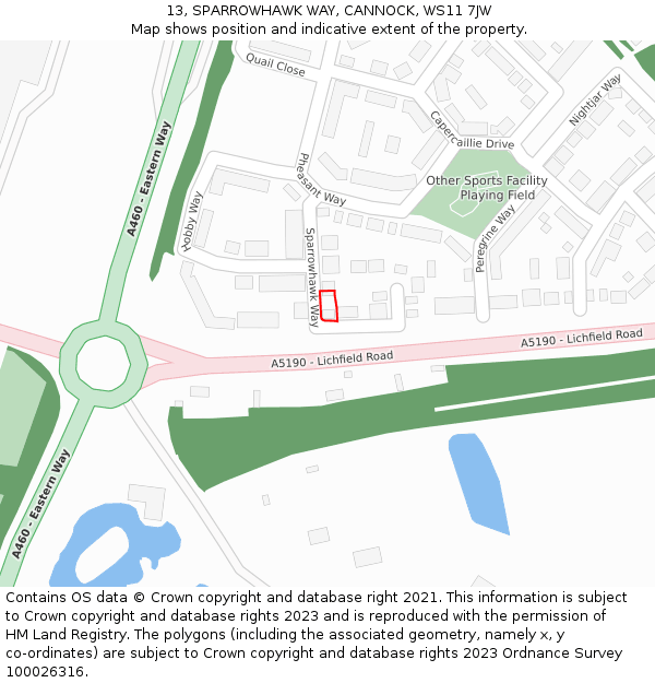 13, SPARROWHAWK WAY, CANNOCK, WS11 7JW: Location map and indicative extent of plot