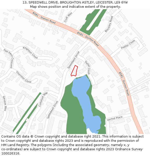 13, SPEEDWELL DRIVE, BROUGHTON ASTLEY, LEICESTER, LE9 6YW: Location map and indicative extent of plot