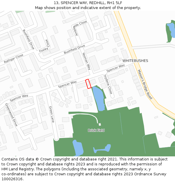13, SPENCER WAY, REDHILL, RH1 5LF: Location map and indicative extent of plot