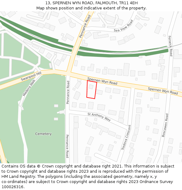 13, SPERNEN WYN ROAD, FALMOUTH, TR11 4EH: Location map and indicative extent of plot