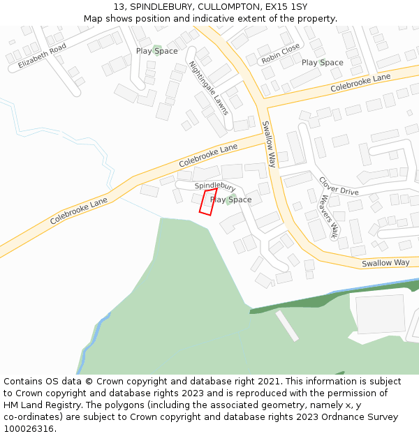 13, SPINDLEBURY, CULLOMPTON, EX15 1SY: Location map and indicative extent of plot