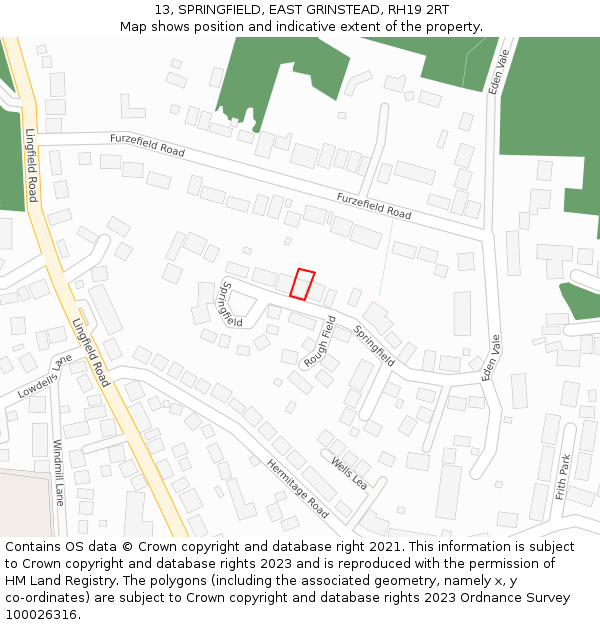 13, SPRINGFIELD, EAST GRINSTEAD, RH19 2RT: Location map and indicative extent of plot