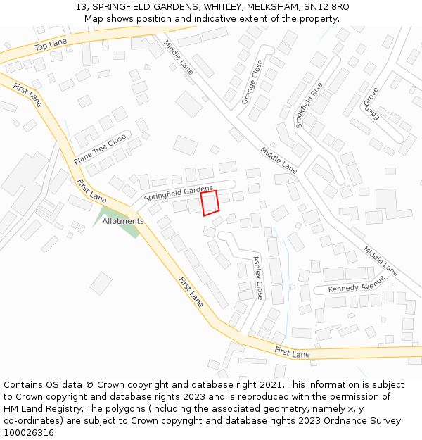 13, SPRINGFIELD GARDENS, WHITLEY, MELKSHAM, SN12 8RQ: Location map and indicative extent of plot