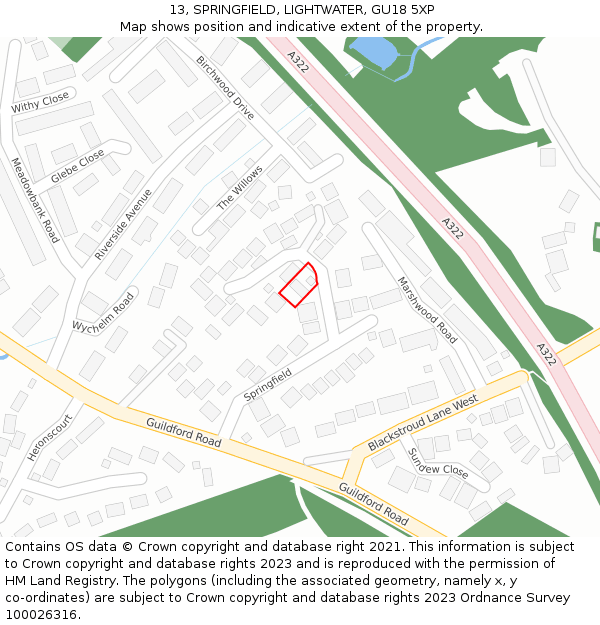 13, SPRINGFIELD, LIGHTWATER, GU18 5XP: Location map and indicative extent of plot