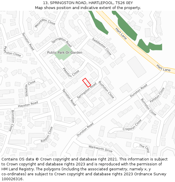 13, SPRINGSTON ROAD, HARTLEPOOL, TS26 0EY: Location map and indicative extent of plot