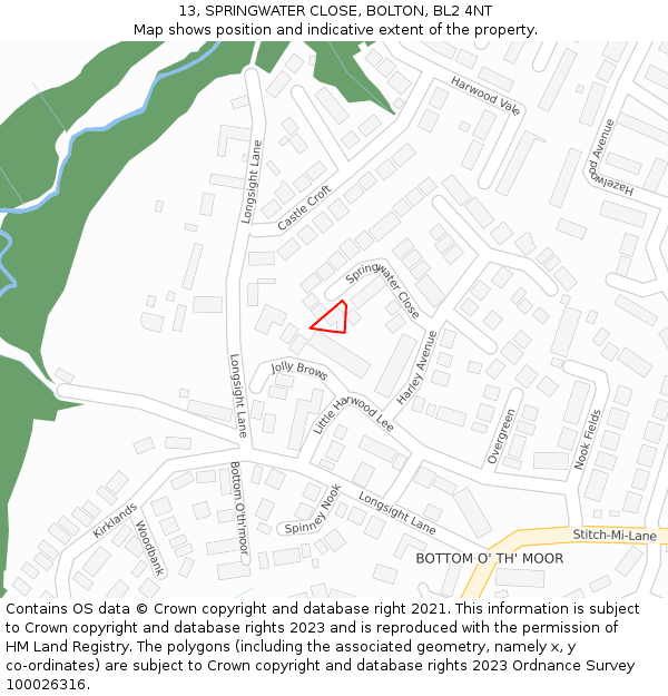 13, SPRINGWATER CLOSE, BOLTON, BL2 4NT: Location map and indicative extent of plot