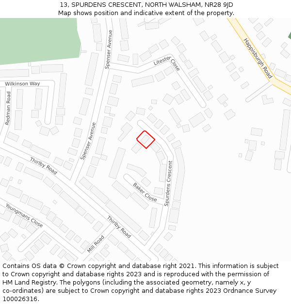 13, SPURDENS CRESCENT, NORTH WALSHAM, NR28 9JD: Location map and indicative extent of plot