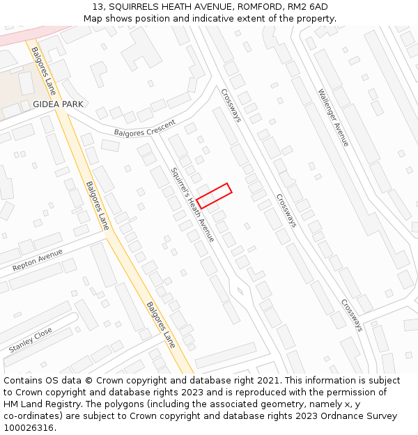 13, SQUIRRELS HEATH AVENUE, ROMFORD, RM2 6AD: Location map and indicative extent of plot