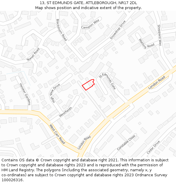 13, ST EDMUNDS GATE, ATTLEBOROUGH, NR17 2DL: Location map and indicative extent of plot