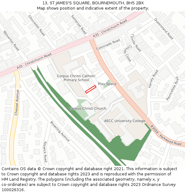 13, ST JAMES'S SQUARE, BOURNEMOUTH, BH5 2BX: Location map and indicative extent of plot