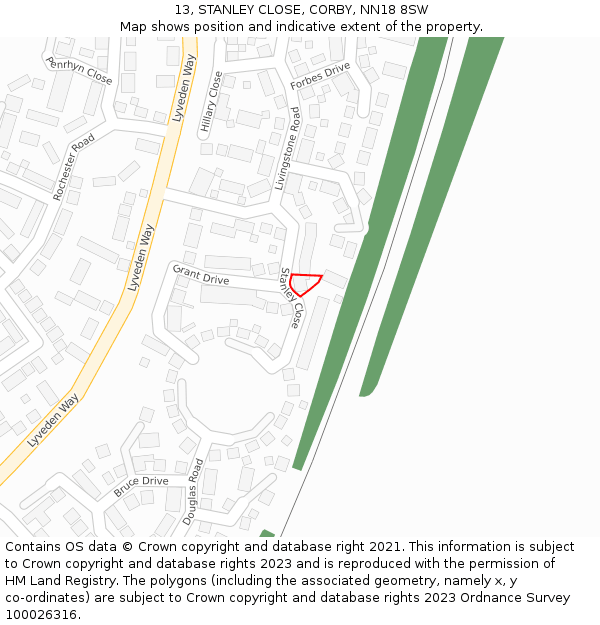13, STANLEY CLOSE, CORBY, NN18 8SW: Location map and indicative extent of plot