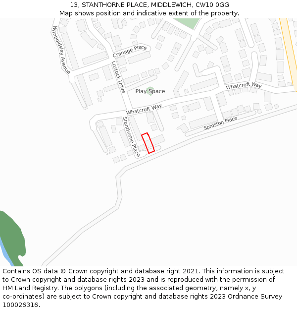 13, STANTHORNE PLACE, MIDDLEWICH, CW10 0GG: Location map and indicative extent of plot